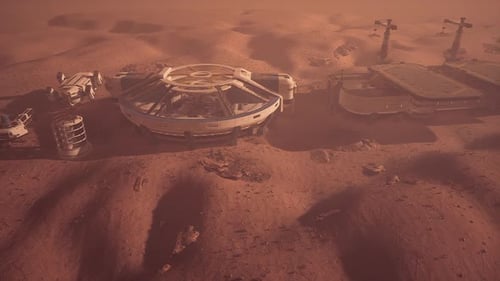 Mars Colony Showcasing Advanced Structures and Rugged Terrain Under Martian Sky