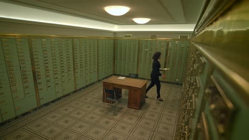 Businesswoman Entering Bank Safe Vault Room Storing Silver Bullion Deposit