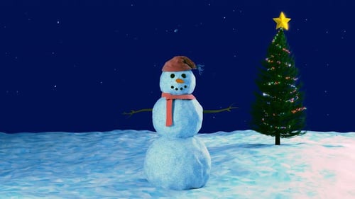 Seamless Loop Christmas Animation 2024 Snow Falling Over Snowman and Christmas Tree on Winter
