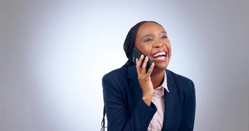 Business woman, laughing and phone call in studio for consulting contact