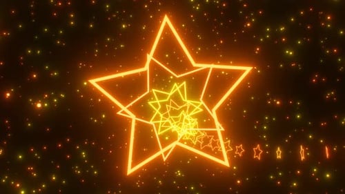 Five Pointed Star Shape 3D Tunnel Glowing Golden Yellow Neon Colors - 4K