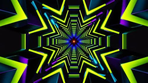 Futuristischer Neon-Kaleidoskop-Tunnel mit geometrischen Sternformen und Lichtern