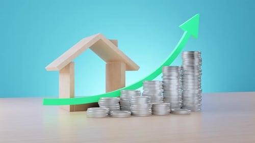 wooden house beside stacks coins and a rising green arrow on table, real estate investment growth.