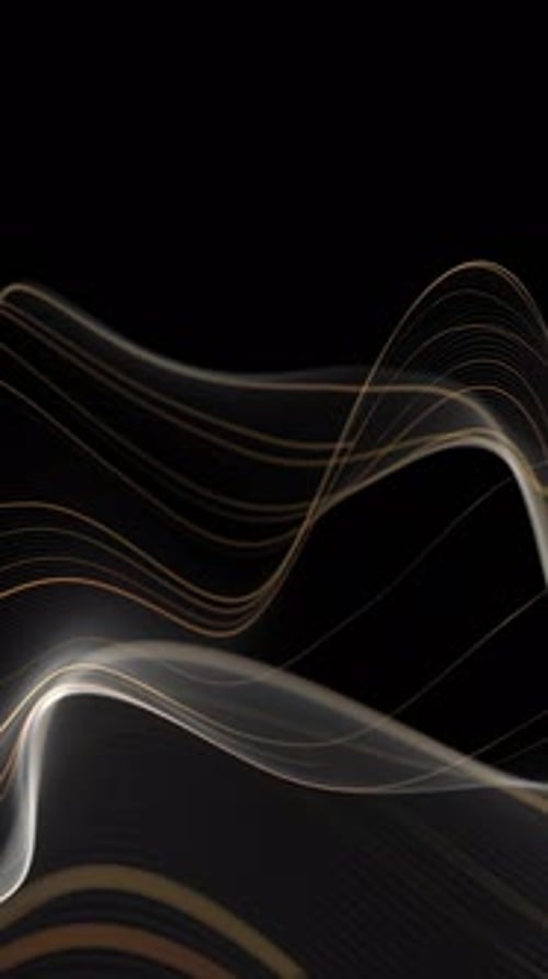 Abstract golden flowing wave landscape, thin luminous lines forming smooth layered curves on deep bl