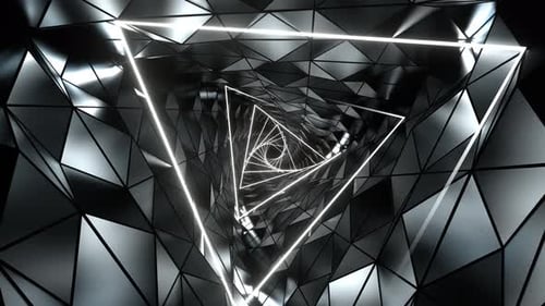 White Neon Ribbed Triangular Spiral Tunnel Background Vj Loop In 4K