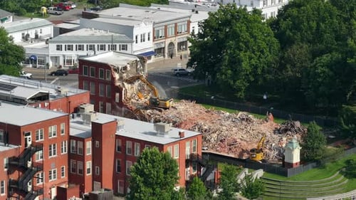 Old Building Demolition Site Construction Excavator Tearing Down Obsolete Brick Walls City Planning