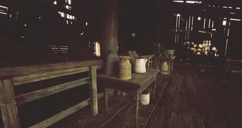 Rustic Barn Interior with Antique Milk Cans Pan