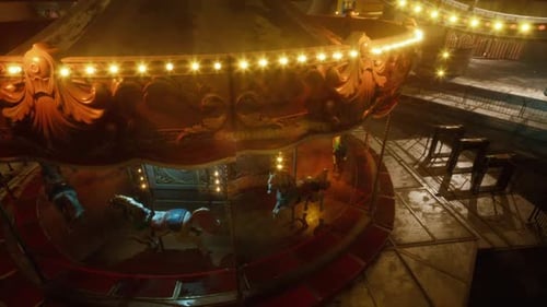 Empty Amusement Park at Night Featuring a Deserted Carousel Under Warm Lights