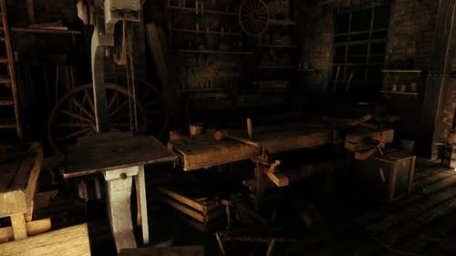Old Workshop Filled with Tools and Wooden Furniture in Dim Lighting