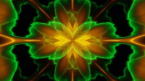 Animation abstraite de rayons floraux d'un kaléidoscope orange et vert