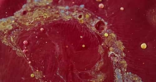 Abstract Macro Footage of Red, Gold, and Blue Inks