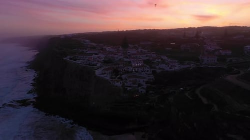 Azenhas Do Mar Village in Portugal at Morning Twilight Atlantic Ocean Aerial View