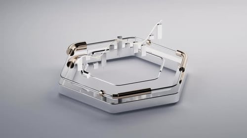 Metallic candlestick chart on futuristic hexagon stage