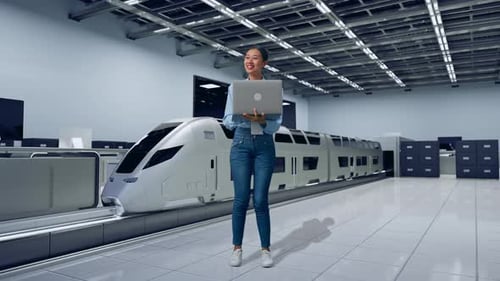 Young Woman Using Laptop Near Futuristic Train