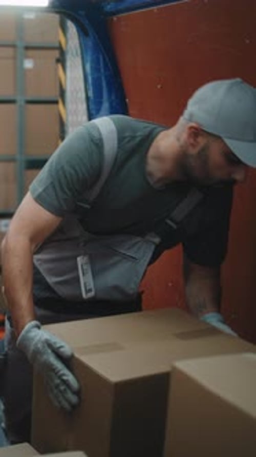 Team of Diverse Employees Unloading Delivery Truck with Cardboard Boxes Online Orders
