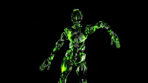 Shining green robot stretching arms in dynamic motion