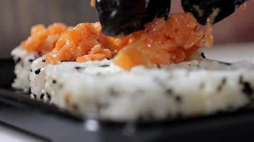 Sushi Roll Preparation with Rice and Salmon Pieces