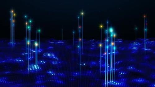 Wavy blue grid of connection structure emit particle trails of data