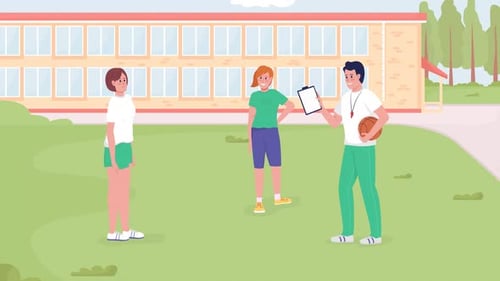 Flat Design Animation of Students Exercising with Coach at School