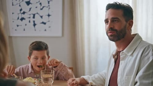 Funny Kid Family Breakfast Kitchen Closeup Smiling Man Enjoying Food Talking