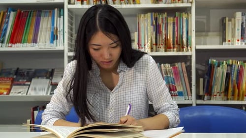 Focused Female Student Immersed in Study at the Library