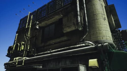 Urban Industrial Facade with Pipes and Shadows Under Blue Sky