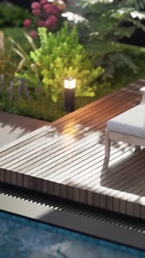 Exterior design details, close-up shot, two sun loungers by the pool.