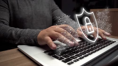 cyber security concept. hand on laptop showing electronic padlock sign on white background