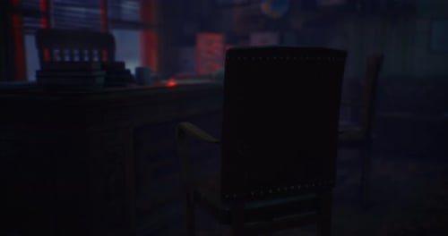 Mysterious Office Setting with Dim Lighting and Empty Chair By Desk