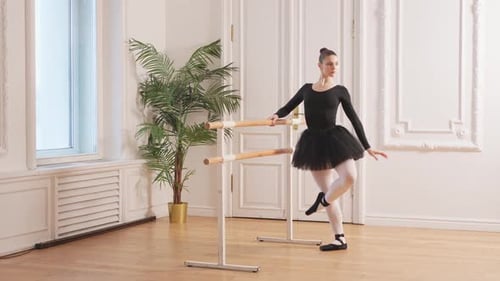 Ballerina Practicing Elegant Dance at Barre in Studio