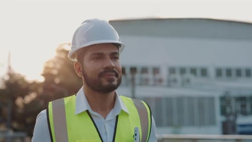 Portrait of Positive Builder with Laptop Walking Against Buildings at Sunset
