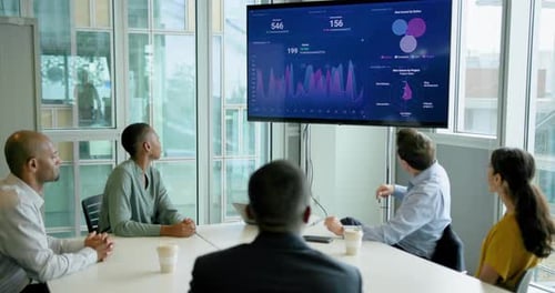 Business people in Office Meeting room Looking at Financial Figures on Screen