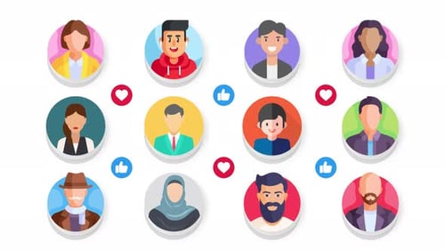 Animated Flat Design User Avatars with Like and Heart Icons