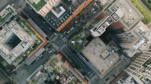Aerial View New York City Top Down Building Skyscraper Rooftops Street Traffic