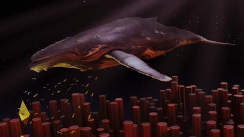 Futuristic Whale Swimming Through Space with Crypto Currency Symbols