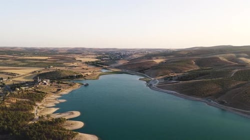 Aerial Video of Sunset Sky and River in Agricultural Area Drone Footage of Open Farm Landscape
