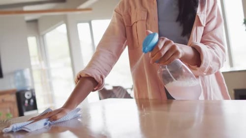 Young Adult Wipes Table with Cleaner in Home