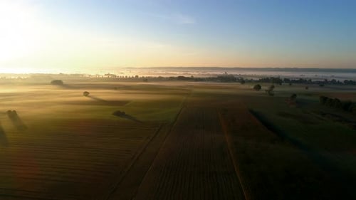 4K aerial slow motion flight at sunrise over foggy agricultural fields in germany