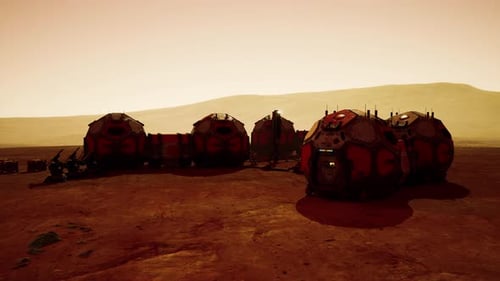 Exploring the Martian Base with Habitat Modules Under a Dusty Orange Sky
