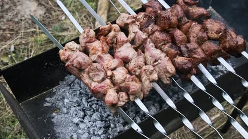 Los shashlik en brochetas se cocinan en la barbacoa en la naturaleza al aire libre