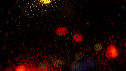 The Concept Of Transportation On The Night Autumn City Road In Heavy Raining, View Inside The Car...