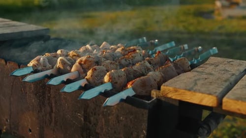 Heißes BBQ-Schaschlik-Grillfleisch auf brennenden Grills