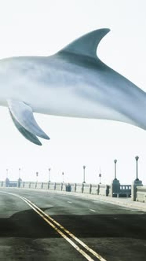 A Large White Dolphin is Flying Over a Road