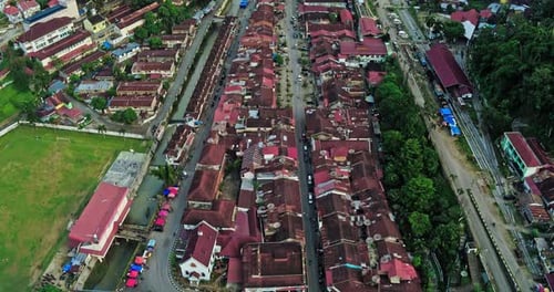 Sawahlunto, 09 May 2024, Aerial view of historic old town buildings