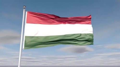 Hungarian Flag Waving in Realistic Wind Against Blue Sky