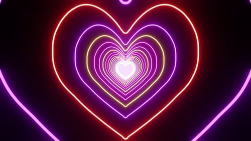 Multicolored neon heart shape tunnel endless loop 3d render. Abstract romantic love background