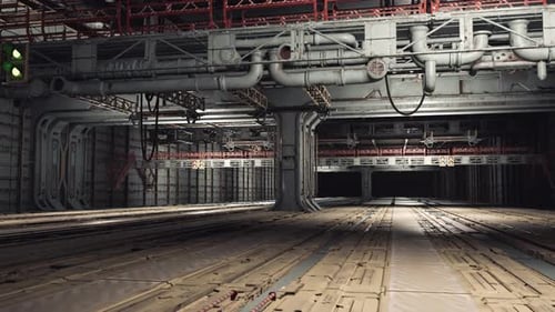 Industrial Underground Pathway with Heavy Infrastructure and Layered Details