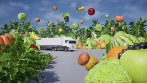 Truck Transporting Fresh Fruits and Vegetables in a Lush Farm Setting