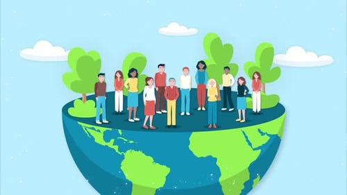 Diverse Community Standing on Planet Earth Flat Design Animation
