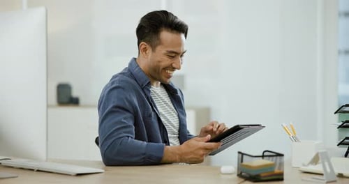 Smile, businessman at desk with tablet for social media post, research for online article
